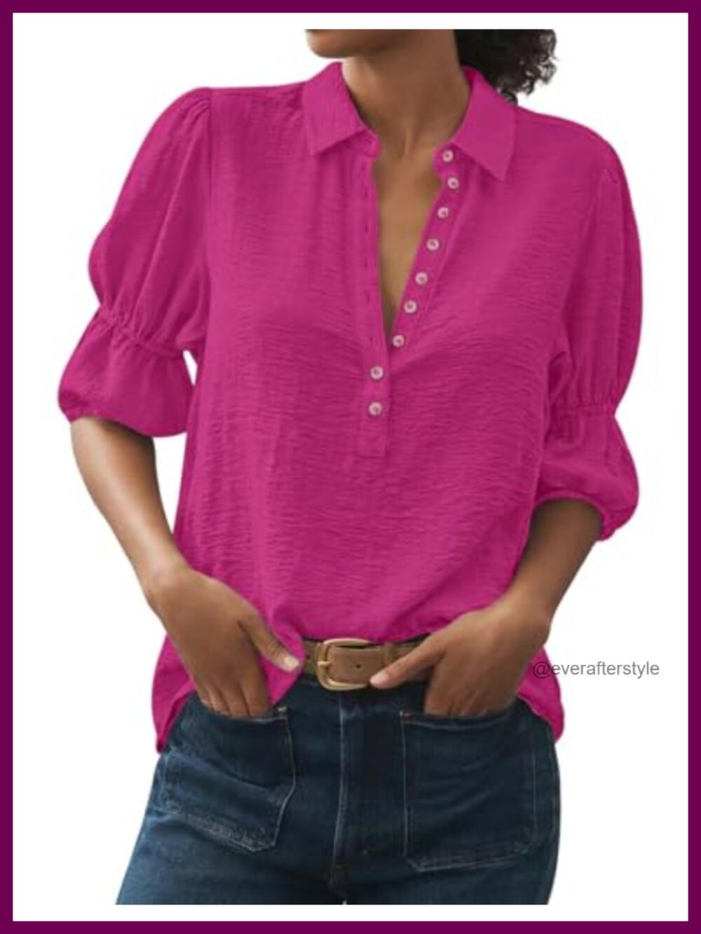 Puff Short Sleeve V Neck Button Down Blouse Work Top